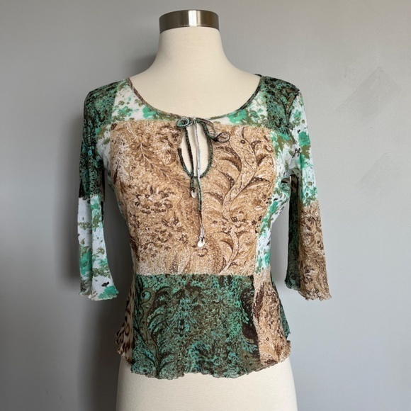 Roberto Cavalli Class Mesh 3/4 sleeves Parsley Floral cheetah Print Top Beach - Picture 5 of 11